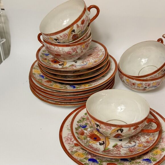 Japanese Kutani Style Full Tea Set Eggshell Porcelain Geisha 20 Piece (read) - Picture 10 of 16